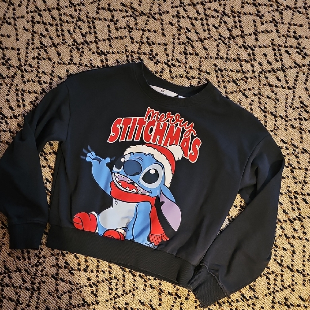 Black Sweatshirt with Stitch Screen Print. H&M Size 8/10. MUST BUNDLE